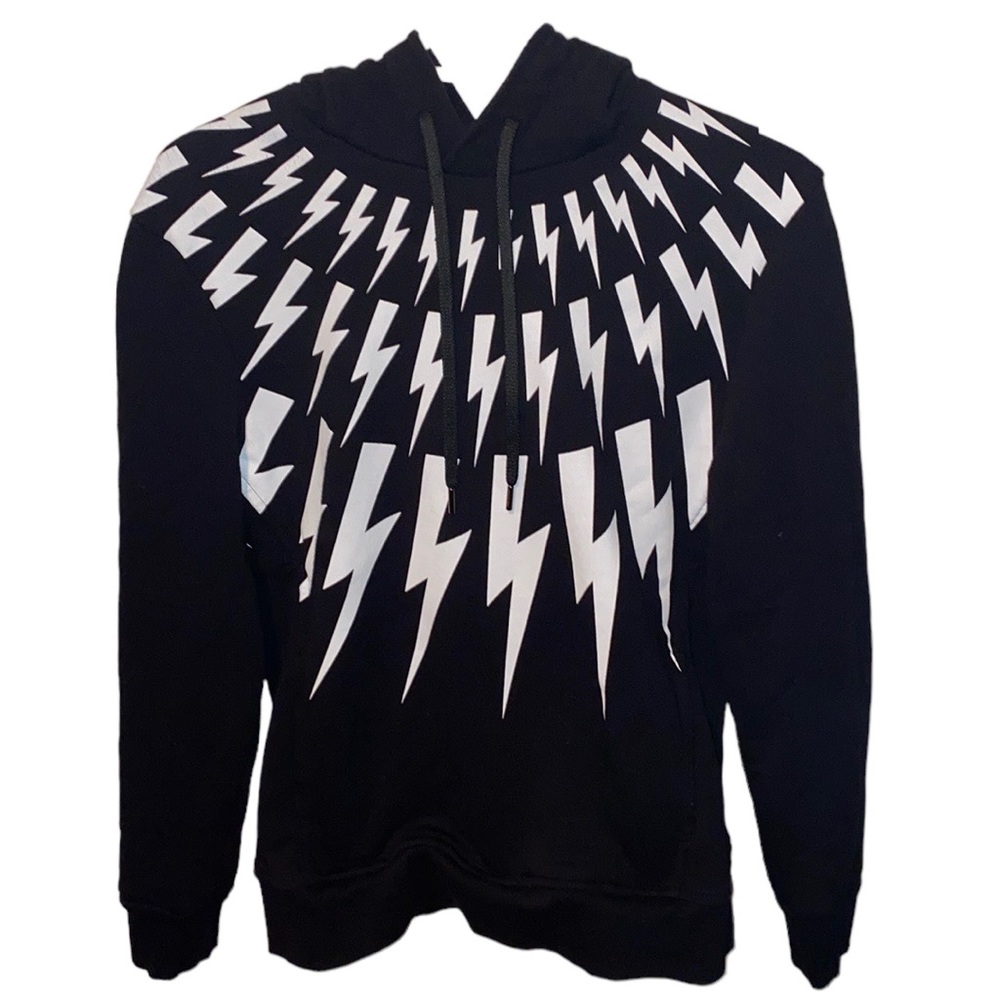 Neil Barrett Thunderbolt Fair Isle pullover hoodie sweatshirt drawstring black